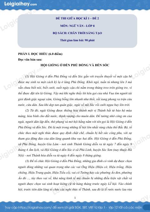 Đề thi học kì 1 Văn 8 Chân trời sáng tạo - Đề số 2